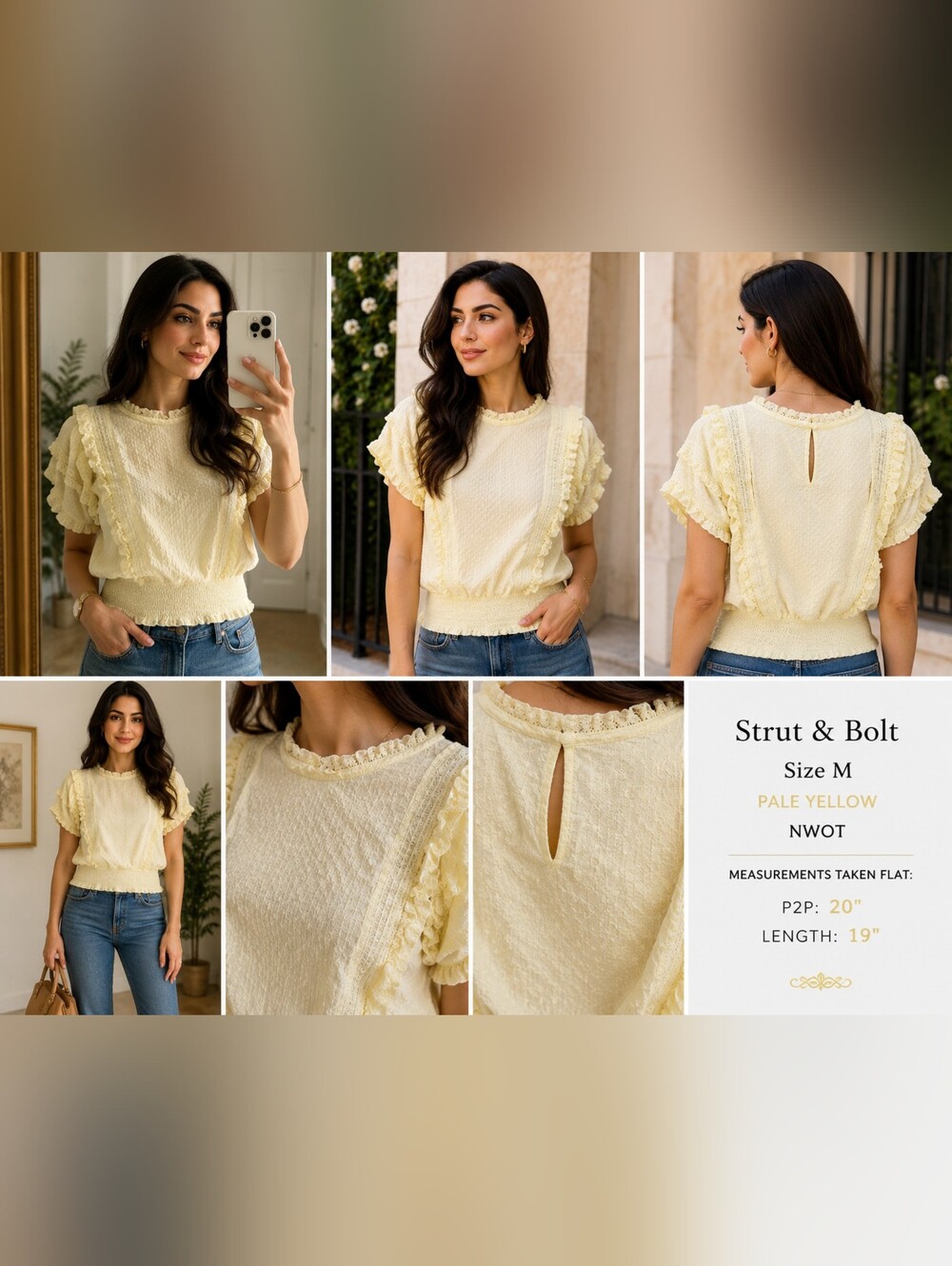 Strut & Bolt Medium Pale Yellow Ruffle Smocked Blouse NWOT